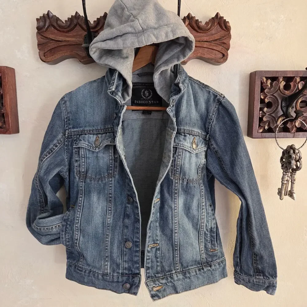 Indigo Star Denim & Dry Goods American Vintage KIDS Jean Jacket Knit Hood✨️10/12 - Picture 1 of 11